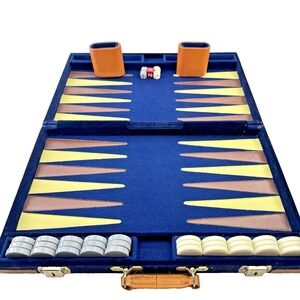 Travel Backgammon Set Folding Board with Metal & Ivory Checkers Dice Cups Case